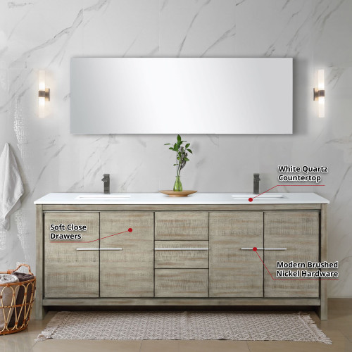 Lexora  LLF80DKSODM70FGM Lafarre 80 in W x 20 in D Rustic Acacia Double Bath Vanity, White Quartz Top, Gun Metal Faucet Set and 70 in Mirror