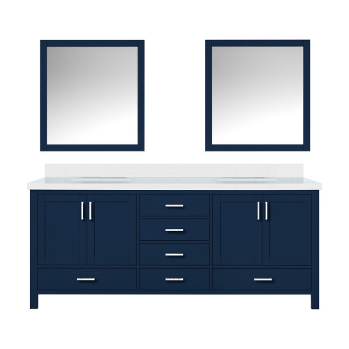 Lexora Jacques 80 in. W Navy Blue Bath Vanity Cabinet, Cultured Marble Top, and 30 in. Mirror