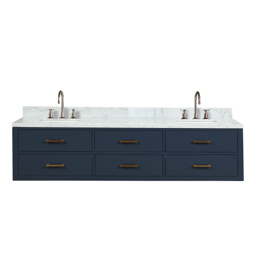 Lexora LVC80DE101 Castor 80 inch W Blue Double Sink Wall Hung Vanity Cabinet, Carrara Marble Top, and Faucet Set