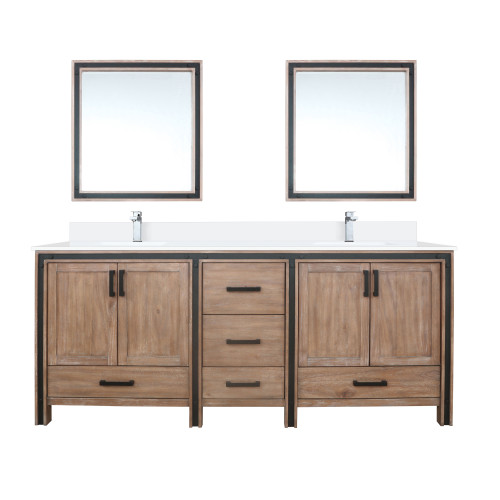 Lexora LVZV80DN211 Ziva 80 inch W Rustic Barnwood Double Sink Vanity Cabinet, White Quartz Top, Faucet Set and 30 in Mirrors