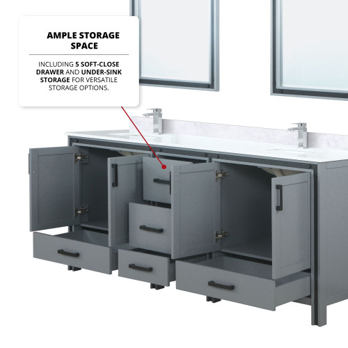 Lexora  LVZV80DB211 Ziva 80 in W x 22 in D Dark Grey Double Bath Vanity, White Quartz Top, Faucet Set and 30 in Mirrors