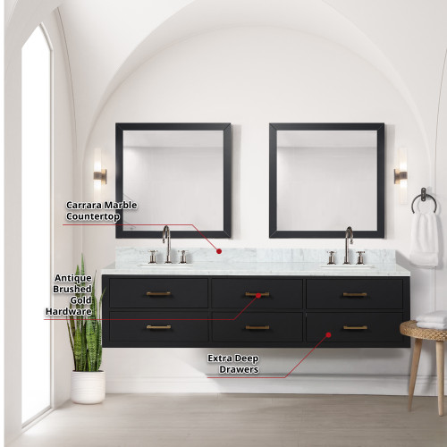 Lexora  LVC80DL110 Castor 80 in W x 22 in D Black Double Bath Vanity, Carrara Marble Top, and 36 in Mirrors