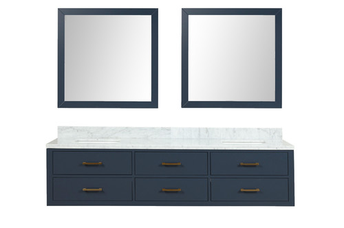 Lexora Castor 80 inch W Blue Double Sink Wall Hung Vanity Cabinet, Carrara Marble Top, and 36 in Mirrors
