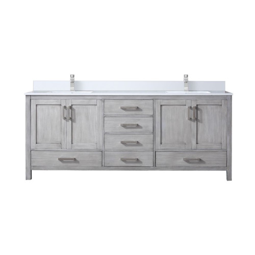 Lexora Jacques 80 in. W Distressed Grey Bath Vanity Cabinet, Cultured Marble Top, and Faucet Set