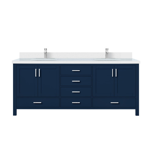 Lexora LVJ80DE201 Jacques 80 in. W Navy Blue Double Sink Vanity Cabinet, White Quartz Top, and Faucet Set