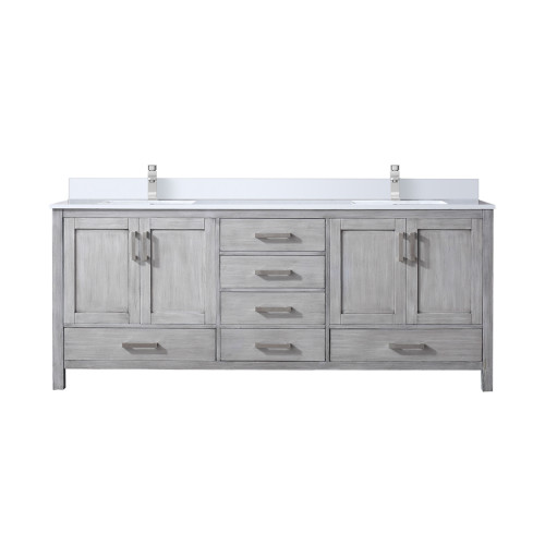 Lexora LVJ80DD201 Jacques 80 in. W Distressed Grey Double Sink Vanity Cabinet, White Quartz Top, and Faucet Set