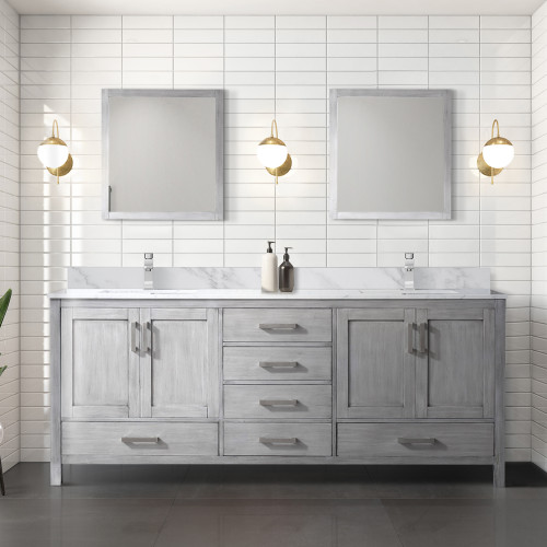 Lexora  LVJ80DD101 Jacques 80 in. W x 22 in. D Distressed Grey Double Bath Vanity, Carrara Marble Top, and Faucet Set