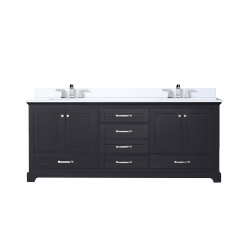 Lexora Dukes 80 in. W Espresso Double Sink Vanity Cabinet, White Quartz Top, and Faucet Set