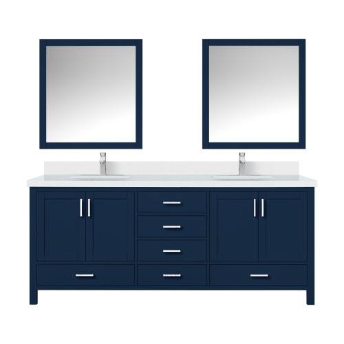 Lexora LJ342280DEWQM30F Jacques 80 in. W Navy Blue Double Sink Vanity Cabinet, White Quartz Top, Faucet Set, and 30 in. Mirrors
