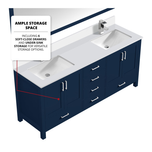 Lexora  LVJ80DE311 Jacques 80 in. W x 22 in. D Navy Blue Bath Vanity, Cultured Marble Top, Faucet Set, and 30 in. Mirror