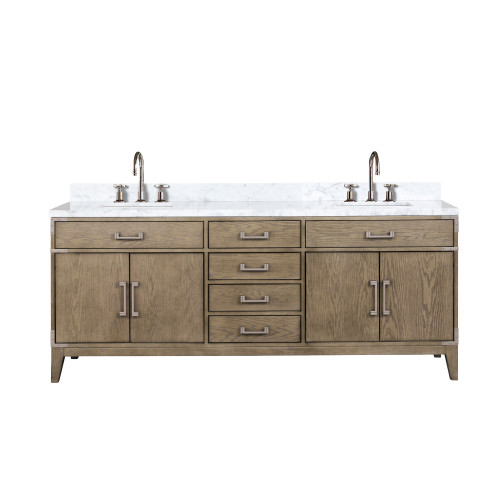 Lexora Laurel 80 inch W Grey Oak Double Sink Vanity Cabinet, Carrara Marble Top, and Faucet Set