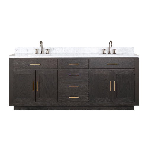Lexora LVA80DK101 Abbey 80 inch W Brown Oak Double Sink Vanity Cabinet, Carrara Marble Top, and Faucet Set