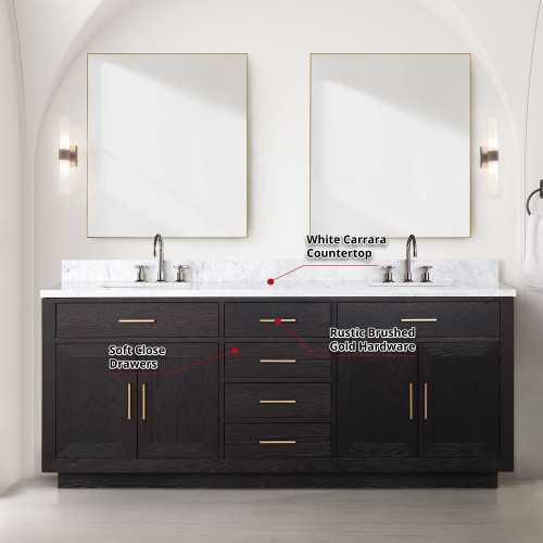 Lexora  LVA80DJ101 Abbey 80 in W x 22 in D Black Oak Double Bath Vanity, Carrara Marble Top, and Faucet Set