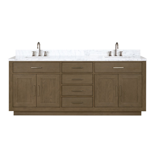 Lexora Abbey 80 inch W Grey Oak Double Sink Vanity Cabinet, Carrara Marble Top, and Faucet Set