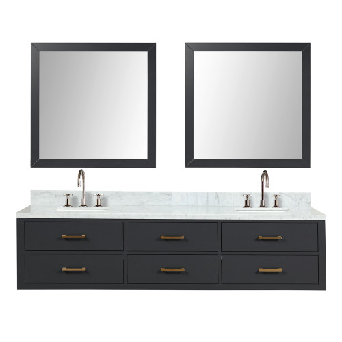 Lexora LVC80DL111 Castor 80 inch W Black Double Sink Wall Hung Vanity Cabinet, Carrara Marble Top, Faucet Set, and 36 in Mirrors