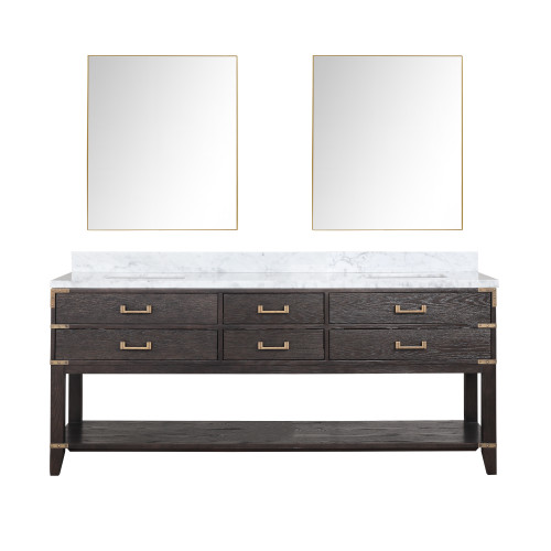 Lexora Norwalk 80 inch W Brown Oak Double Sink Vanity Cabinet, Carrara Marble Top, and 36 in Mirrors