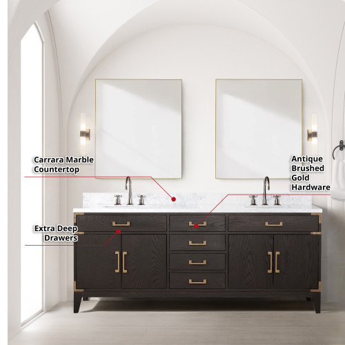 Lexora  LVL80DK110 Laurel 80 in W x 22 in D Brown Oak Double Bath Vanity, Carrara Marble Top, and 36 in Mirrors