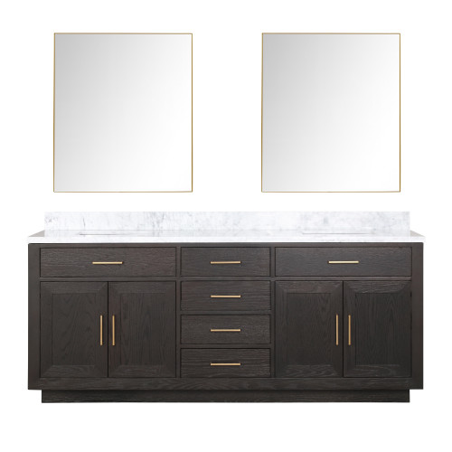 Lexora LVA80DK110 Abbey 80 inch W Brown Oak Double Sink Vanity Cabinet, Carrara Marble Top, and 36 in Mirrors