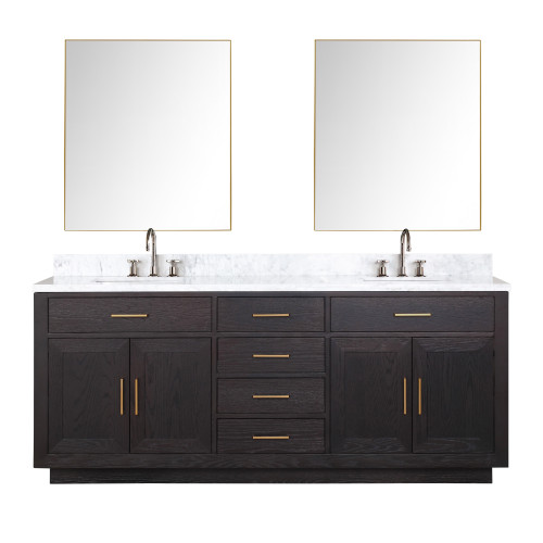 Lexora Abbey 80 inch W Black Oak Double Sink Vanity Cabinet, Carrara Marble Top, Faucet Set, and 36 in Mirrors
