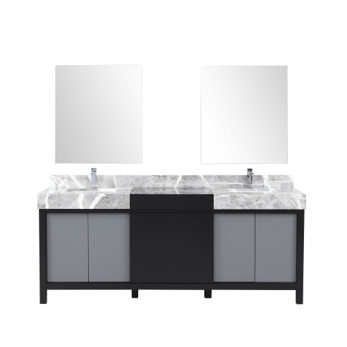 Lexora Zilara 80 inch W Black and Grey Double Sink Vanity Cabinet, Castle Grey Marble Top, Chrome Faucet Set and 30 in Mirrors