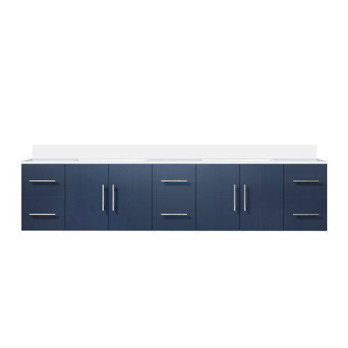 Lexora Geneva 84 in. W Navy Blue Wall Mount Double Sink Vanity Cabinet and White Quartz Top