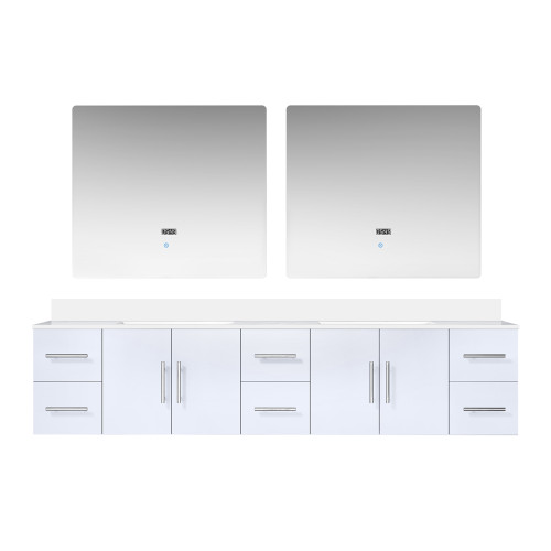 Lexora Geneva 84 in. W Glossy White Wall Mount Double Sink Vanity Cabinet, White Quartz Top, and 36 in. LED Mirrors