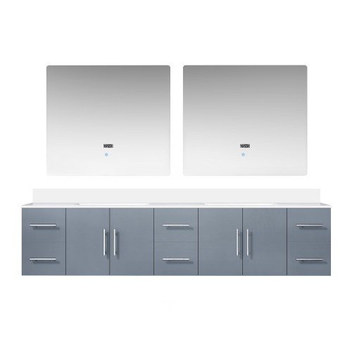 Lexora Geneva 84 in. W Dark Grey Wall Mount Double Sink Vanity Cabinet, Cultured Marble Top, and 36 in. LED Mirrors