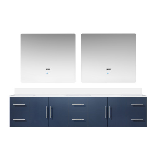Lexora Geneva 84 in. W Navy Blue Wall Mount Double Sink Vanity Cabinet, Cultured Marble Top, and 36 in. LED Mirrors