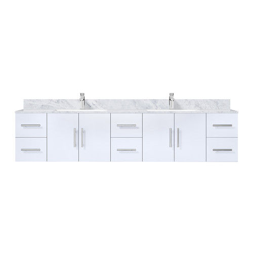 Lexora LVG84DM101 Geneva 84 in. W Glossy White Wall Mount Double Sink Vanity Cabinet, Carrara Marble Top, and Faucet Set