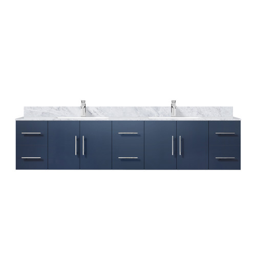 Lexora LVG84DE101 Geneva 84 in. W Navy Blue Wall Mount Double Sink Vanity Cabinet, Carrara Marble Top, and Faucet Set