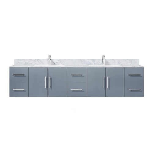 Lexora Geneva 84 in. W Dark Grey Wall Mount Double Sink Vanity Cabinet, Carrara Marble Top, and Faucet Set