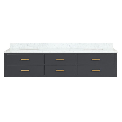 Lexora LVC84DL100 Castor 84 inch W Black Double Sink Wall Hung Vanity Cabinet and Carrara Marble Top