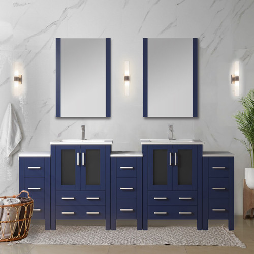 Lexora  LV341884SEESM34 Volez 84 in W x 18.25 in D Navy Blue Double Bath Vanity with Side Cabinet, White Ceramic Top, and 34 in Mirrors