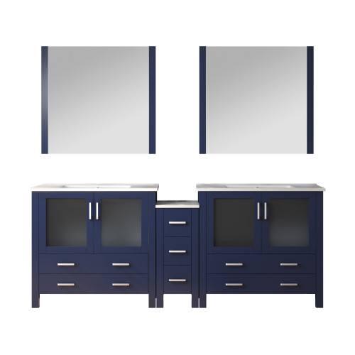 Lexora Volez 84 inch W Navy Blue Double Sink Vanity Cabinet with Side Cabinet, White Ceramic Top, and 34 in Mirrors