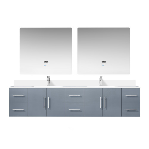 Lexora Geneva 84 in. W Dark Grey Wall Mount Double Sink Vanity Cabinet, White Quartz Top, Faucet Set, and 36 in. LED Mirrors