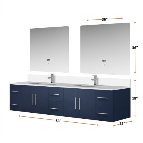 Lexora LVG84DE211 Geneva 84 in. W Navy Blue Wall Mount Double Sink Vanity Cabinet, White Quartz Top, Faucet Set, and 36 in. LED Mirrors