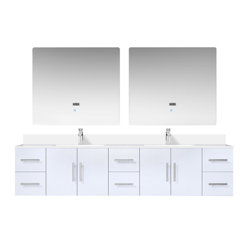 Lexora LVG84DM211 Geneva 84 in. W Glossy White Wall Mount Double Sink Vanity Cabinet, White Quartz Top, Faucet Set, and 36 in. LED Mirrors