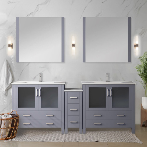 Lexora  LVV84D36B601 Volez 84 in W x 18.25 in D Dark Grey Double Bath Vanity with Side Cabinet, White Ceramic Top, and Faucet Set