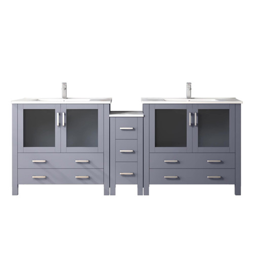 Lexora LVV84D36B601 Volez 84 inch W Dark Grey Double Sink Vanity Cabinet with Side Cabinet, White Ceramic Top, and Faucet Set