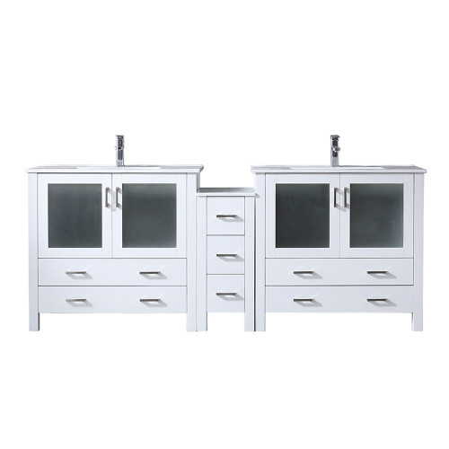 Lexora LVV84D36A601 Volez 84 inch W White Double Sink Vanity Cabinet with Side Cabinet, White Ceramic Top, and Faucet Set