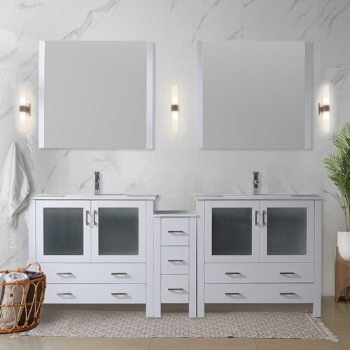 Lexora  LV341884SAESM22 Volez 84 in W x 18.25 in D White Double Bath Vanity with Side Cabinets, White Ceramic Top, and 22 in Mirrors