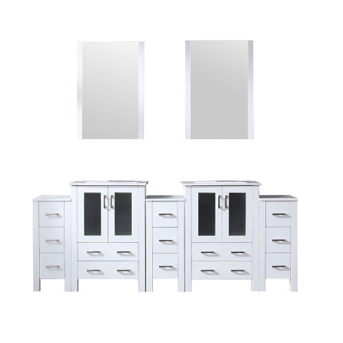 Lexora LV341884SAESM22 Volez 84 inch W White Double Sink Vanity Cabinet with Side Cabinets, White Ceramic Top, and 22 in Mirrors