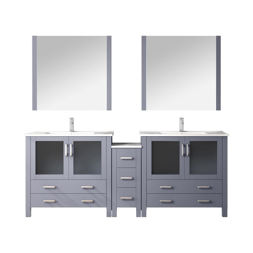 Lexora LV341884SBESM34F Volez 84 inch W Dark Grey Double Sink Vanity Cabinet with Side Cabinet, Faucet Set, White Ceramic Top, and 34 in Mirrors