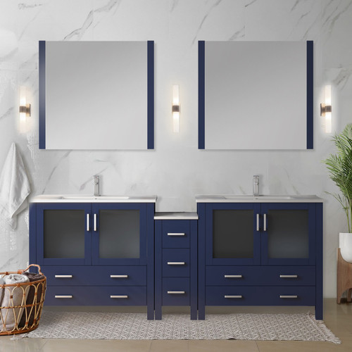 Lexora  LV341884SEESM34F Volez 84 in W Navy Blue Double Bath Vanity with Side Cabinet, Faucet Set, White Ceramic Top, and 34 in Mirrors