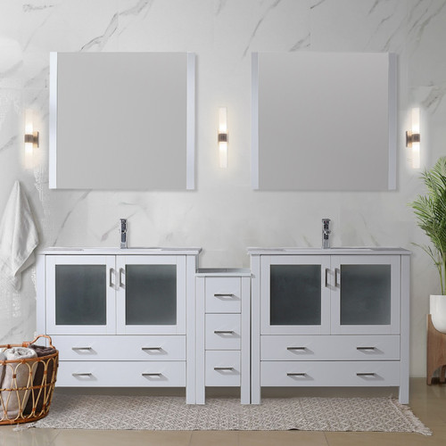 Lexora  LV341884SAESM34F Volez 84 in W x 18.25 in D White Double Bath Vanity with Side Cabinet, Faucet Set, White Ceramic Top, and 34 in Mirrors