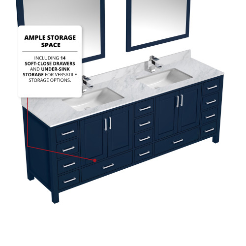Lexora  LJ342284DEDS000 Jacques 84 in. W x 22 in. D Navy Blue Double Bath Vanity and Carrara Marble Top