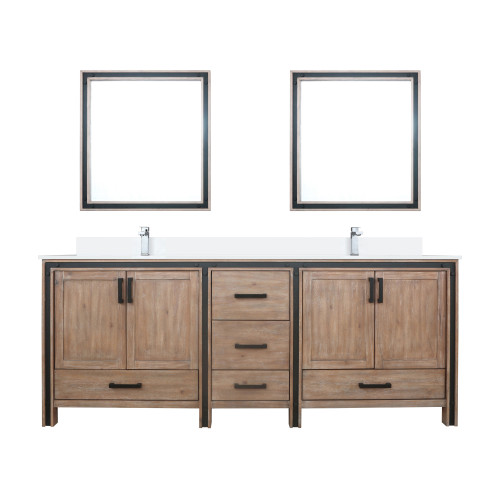 Lexora Ziva 84 inch W Rustic Barnwood Double Sink Vanity Cabinet, White Quartz Top, Faucet Set and 34 in Mirrors