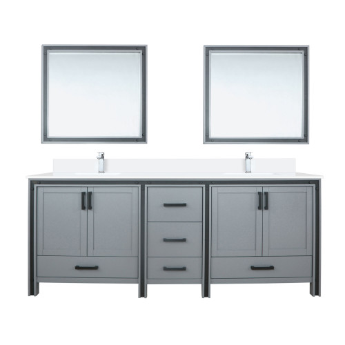 Lexora LVZV84DB211 Ziva 84 inch W Dark Grey Double Sink Vanity Cabinet, White Quartz Top, Faucet Set and 34 in Mirrors