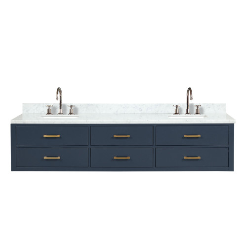 Lexora LVC84DE101 Castor 84 inch W Blue Double Sink Wall Hung Vanity Cabinet, Carrara Marble Top, and Faucet Set