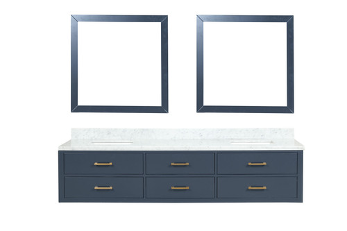 Lexora Castor 84 inch W Blue Double Sink Wall Hung Vanity Cabinet, Carrara Marble Top, and 36 in Mirrors